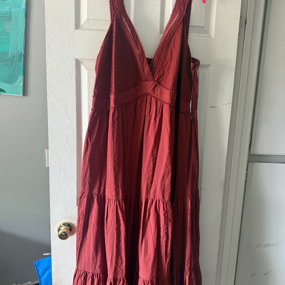 Women's Deep Red V-Neck Tiered Summer Dress